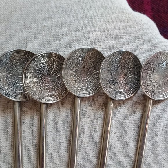 Sterling Mayan Calendar Set of 6 Stir spoons - Picture 3 of 5